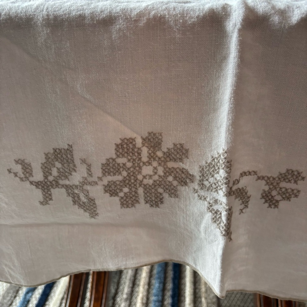 Vtg Lg Table Cloth Cross Stitch pattern Cream Tan 62X80 EUC